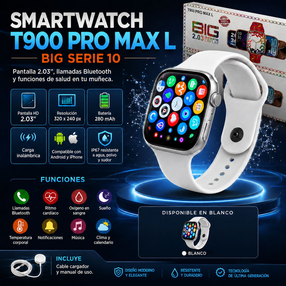Smartwatch T900 Pro Max L Big Serie 10 - Color Blanco